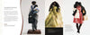 A book spread from "The Art of the Contemporary Doll" by Schiffer Publishing, Ltd. displays three handmade Black cloth dolls: one in business attire with a baby, one in a green dress and bonnet, and one in red with a coat holding a bag. Text about Cassandra Harrison appears on the left.