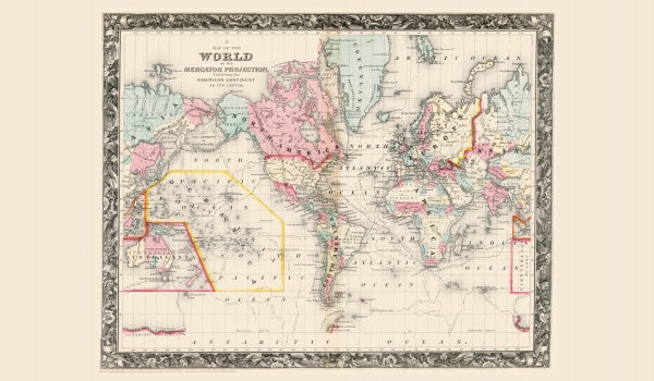 Mitchell's New General Atlas 1860 by Schiffer Publishing, Ltd. features antique world maps with colored borders, labeled regions, vintage fonts, and ornate edging—a detailed reproduction from the original 1860 atlas.