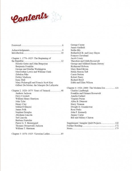 The American Heroes Quilts, Past & Present by Schiffer Publishing, Ltd. features a table of contents with a red "Contents" heading, listing chapters on figures and eras in American history like The Beginning of the Republic and The Modern Era, each with page numbers.