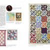The right page of *American Heroes Quilts, Past & Present* (Schiffer Publishing, Ltd.) displays two colorful geometric quilts. The left page features text, a portrait, a map, and star and floral quilts inspired by American history.