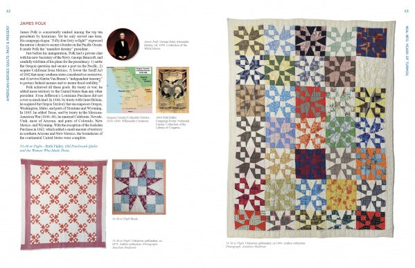 The right page of *American Heroes Quilts, Past & Present* (Schiffer Publishing, Ltd.) displays two colorful geometric quilts. The left page features text, a portrait, a map, and star and floral quilts inspired by American history.
