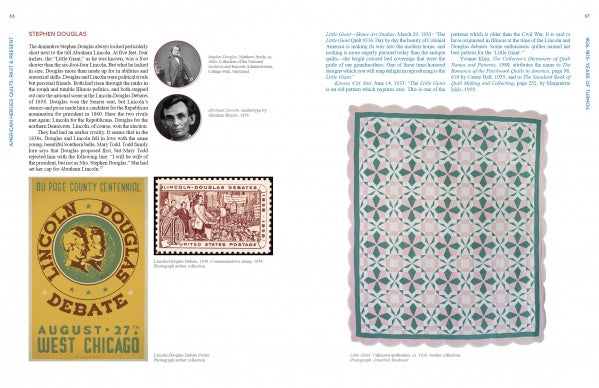 Two pages from *American Heroes Quilts, Past & Present* by Schiffer Publishing, Ltd. explore Stephen Douglas and history. The left page shows portraits, a postage stamp, and debate poster; the right displays a large quilt with green and pink patterns.