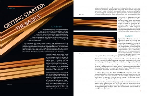 A two-page spread from "Laminated Wood Art Made Easy" by Schiffer Publishing, Ltd. explains the basics of laminated wood art, symmetry, and design, with images of wooden strips and symmetrical patterns in parallel and angled layouts.