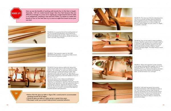 Laminated Wood Art Made Easy by Schiffer Publishing, Ltd. guides you with step-by-step photos and tips in colored boxes on a white background, showing hands using clamps to glue wood pieces and create symmetrical patterns.