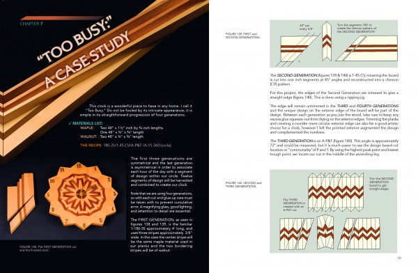 A spread from "Laminated Wood Art Made Easy" by Schiffer Publishing, Ltd. shows a wooden hexagon with a star pattern and the chapter title "Too Busy?! A Case Study" on the left, and marquetry strip diagrams on the right.