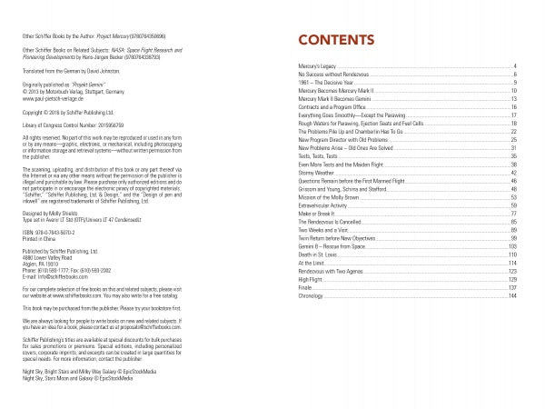 Two pages of Project Gemini by Schiffer Publishing, Ltd.: the left shows publication and copyright info; the right, titled CONTENTS, lists chapters—such as the Gemini program and Moon landing—with dotted page numbers.