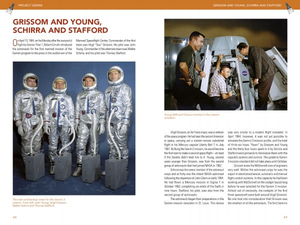 Four astronauts in silver suits stand on platforms, evoking the space race. On the right, three men check equipment as another sits in a capsule simulator. Discover Project Gemini by Schiffer Publishing, Ltd.—a tribute to this historic mission.