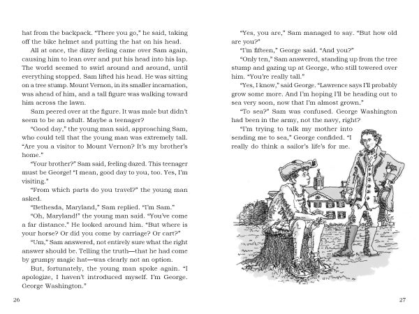 Two boys talk under a tree. One has a backpack and helmet; the other wears colonial clothes with a staff, sitting on a log. Behind them is a colonial house—a scene straight from "George Washington and the Magic Hat" by Schiffer Publishing, Ltd.