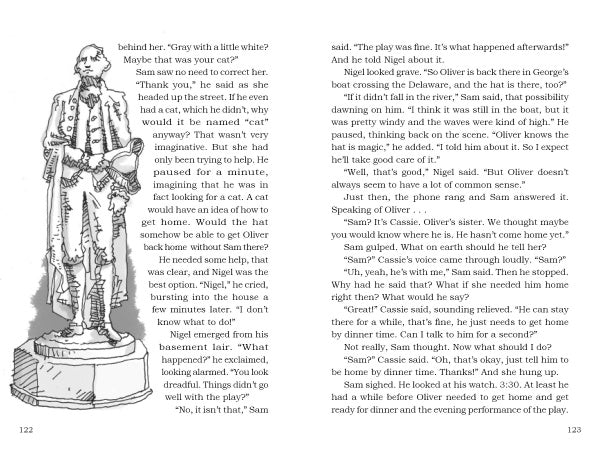 An illustration from "George Washington and the Magic Hat" by Schiffer Publishing, Ltd. shows a colonial-era figure on a pedestal with papers, beside book pages featuring historical fiction text.