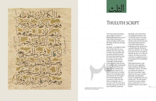 On the left, Arabic calligraphy in Thuluth script appears on aged paper. On the right, "THULUTH SCRIPT" is headed in Arabic and English, with a brief description from Schiffer Publishing’s "An Introduction to Arabic Calligraphy.