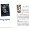 An open book of Tarot at a Crossroads by Schiffer Publishing, Ltd. displays a 1 of Airs card with "PART 1 Infinite Possibilities Beckon" on the left and an intro to tarot psychology and psychotherapy with tarot imagery on the right.