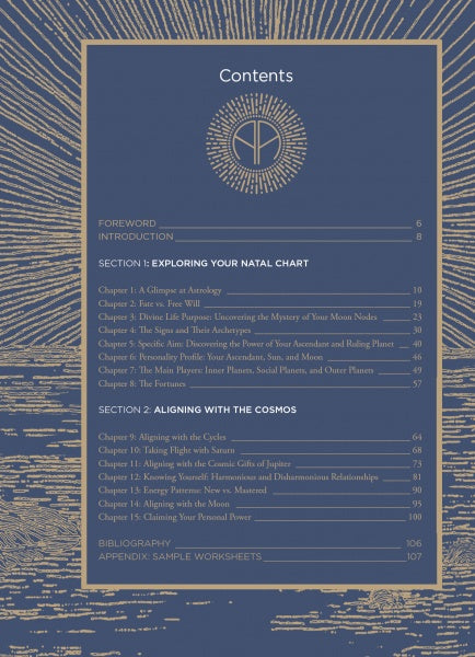 Celestial-themed table of contents for Claiming Your Power through Astrology by Schiffer Publishing, Ltd., with gold and blue accents. Chapters explore natal charts, cosmic cycles, moon nodes, intuition, relationships, and personal power. Circular symbol at top center.