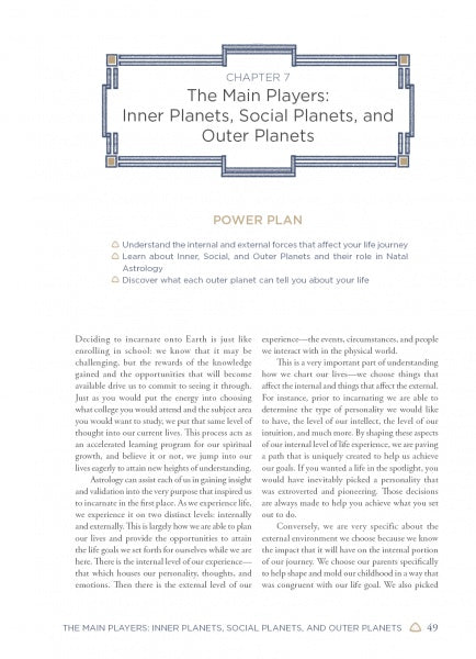 On page 49 of Claiming Your Power through Astrology by Schiffer Publishing, Ltd., Chapter 7: The Main Players—Inner Planets, Social Planets, and Outer Planets features a Power Plan checklist and intro on planetary influences in your natal chart.