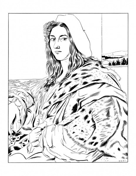 Black and white line drawing of a figure in a beret and patterned robe before a windowed landscape. Their direct gaze captures the intrigue of "Stolen Beauty" by Schiffer Publishing, Ltd., reminiscent of stories surrounding stolen art.