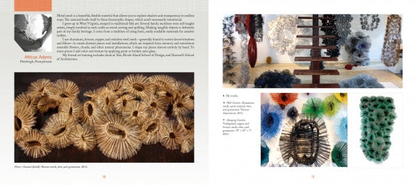 A two-page spread in "Artistry in Fiber, Vol. 2" by Schiffer Publishing, Ltd. showcases vibrant images and text about circular fiber sculptures crafted from natural materials, displayed on walls and suspended in a bright gallery space.