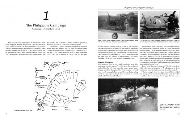 A spread from Above an Angry Sea, 2nd Edition (Schiffer Publishing, Ltd.) features maps, text, and three black-and-white WWII photos of aircraft and ships—including a B-24 Liberator over the Philippine Sea—and labeled military zones.