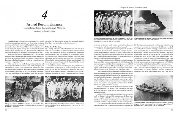 Two pages from "Above an Angry Sea, 2nd Edition" by Schiffer Publishing, Ltd. cover WWII Navy patrol squadrons (Jan–May 1945), with historic photos of crews, ships, the PB4Y-2 Privateer, explosions, and detailed captions about operations.