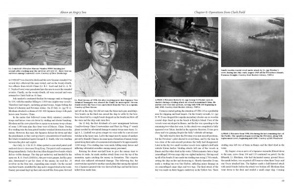 Two pages from "Above an Angry Sea, 2nd Edition" by Schiffer Publishing, Ltd., show black-and-white photos of Navy patrol squadrons, explosions, and a smiling man in uniform, with text on wartime naval operations and personal accounts.
