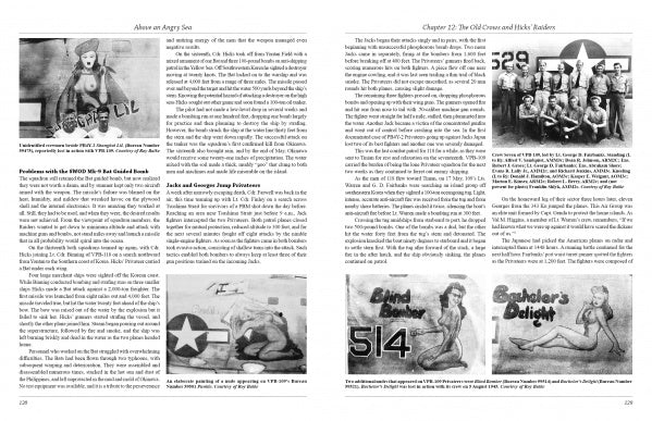 A black-and-white spread from "Above an Angry Sea, 2nd Edition" by Schiffer Publishing, Ltd. shows WWII nose art: pin-up girls, military insignia, and airmen with a PB4Y-2 Privateer on pages 128–129.