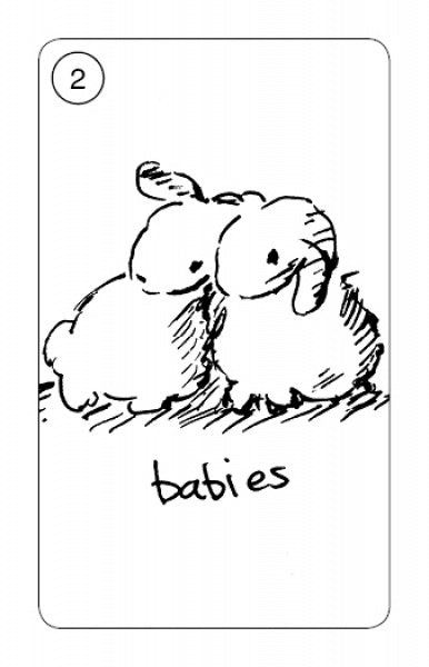 A black and white sketch of two fluffy baby bunnies cuddling, with the number 2 in a circle at the top left and "babies" below, inspired by Carrot Cards from Schiffer Publishing, Ltd., and filled with gentle rabbit wisdom.