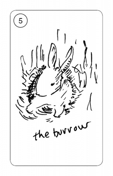 A black and white sketch of a rabbit in a burrow, amid grass-like lines. Part of Carrot Cards, a bunny tarot deck by Schiffer Publishing, Ltd., this card is numbered 5 and hand-labeled "the burrow" at the bottom.