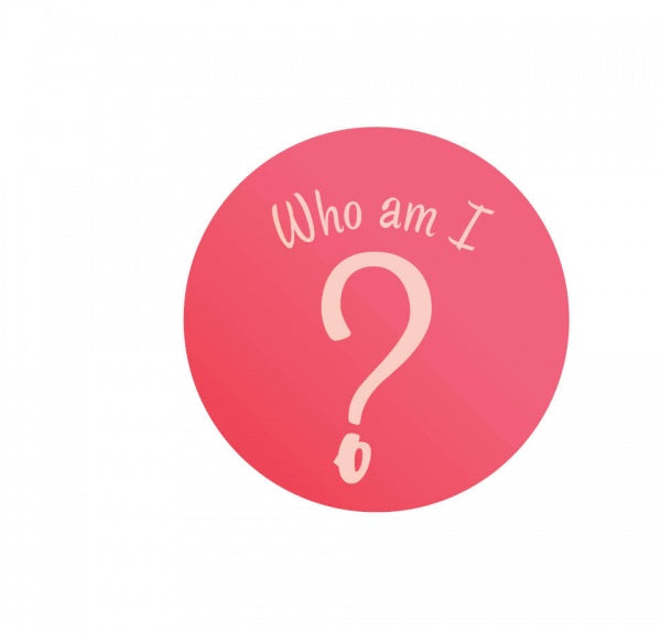 A pink circle with "Who am I" written above a large question mark in the center, inspired by the playful style of Chadwick And Friends from Schiffer Publishing, Ltd.