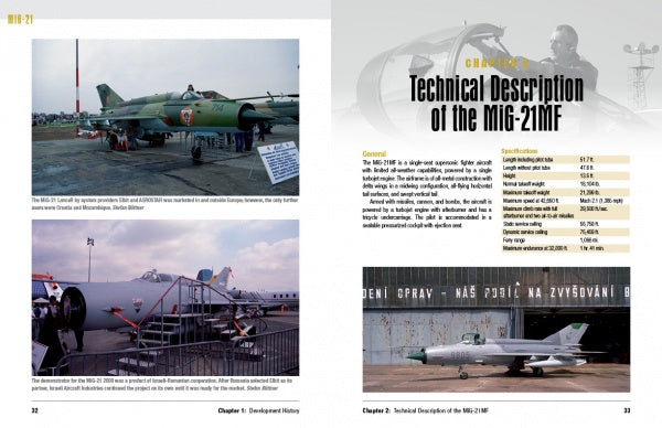 A book spread from "The MiG-21" by Schiffer Publishing, Ltd. features color and B&W photos of MiG-21s on airfields (left), and a chapter title, specs list, plus a tarmac photo of this iconic jet fighter (right).
