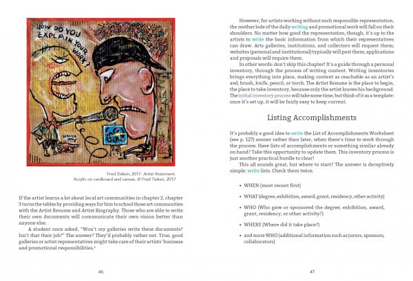 A colorful artwork by Fred Token in Schiffer Publishing, Ltd.’s book "Artists Write to Work" shows two abstract figures discussing how to explain art on a page about writing an artist statement or resume.