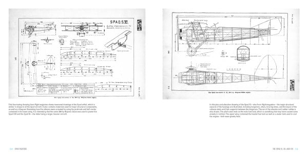 Two pages from Schiffer Publishing, Ltd.'s "Spad Fighters" display detailed technical drawings of the WWI French fighter, with side and top views, cross sections, construction notes, and captions—ideal for Legends of Warfare fans.