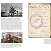 Two pages from "Spad Fighters" by Schiffer Publishing, Ltd. display historic photos: a pilot by a biplane, vintage planes like a WWI Spad, an ID card with stamps, and a young aviator's portrait—with detailed captions and descriptive text.