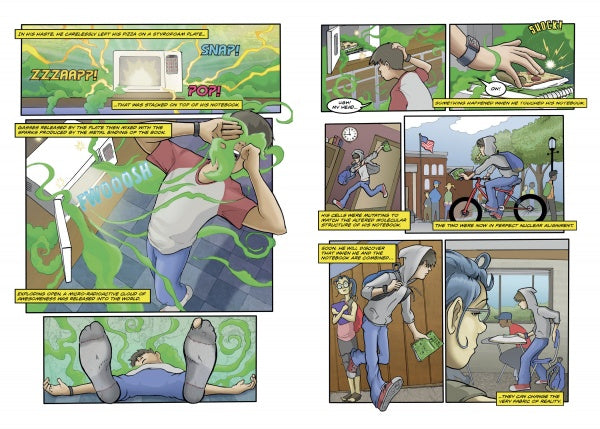 A comic strip for the Mega Awesome Notebook by Schiffer Publishing, Ltd. shows a man microwaving food and fleeing green gas, but the smell follows him to work—on his bike and at his desk—as coworkers react to the lingering odor.
