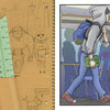 On the left is the Mega Awesome Notebook by Schiffer Publishing, Ltd. with robot doodles and a ruler; on the right, a student in a hoodie and backpack carries it past desks near a trash bin.