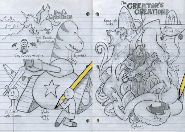 The Mega Awesome Notebook by Schiffer Publishing, Ltd. features a hand-drawn doodle across two pages: playful fantasy creatures on the left and detailed sci-fi characters on the right—ideal for fans of illustrated teen books or graphic novels.