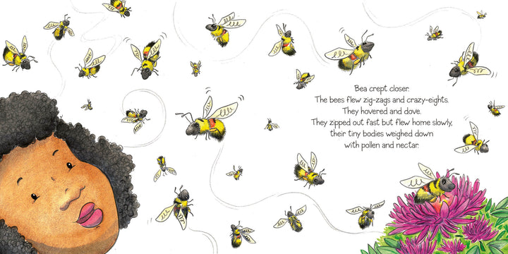 A child with curly hair watches bees zig-zag near pink flowers in a pollinator garden. Text beside her shares bumblebee facts and describes their movement. "Bea's Bees" by Schiffer Publishing, Ltd. brings the scene to life.