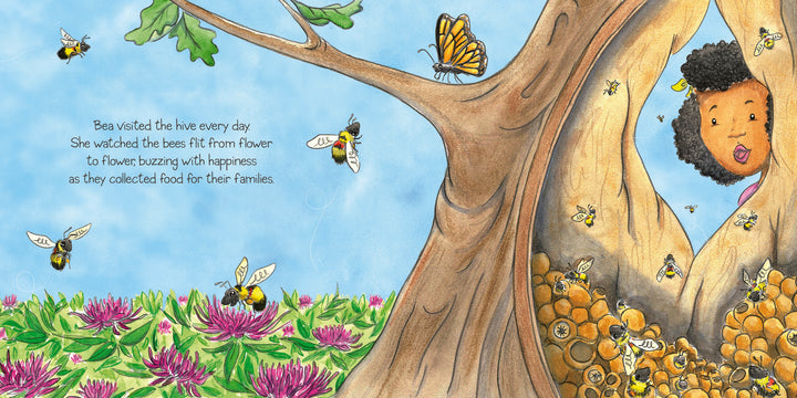 In "Bea's Bees" by Schiffer Publishing, Ltd., a young girl discovers pollinator gardens as she watches bees gather food among pink flowers and learns how bees help their families.