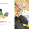A young girl with curly hair reads "Bea's Bees" by Schiffer Publishing, Ltd., then sketches a bee and flowers in her notebook at a desk covered with supplies. Both pages highlight bumblebee facts and tips to help save the bees.