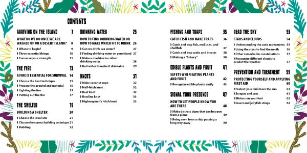 The contents page of "How to Survive on a Desert Island" by Schiffer Publishing, Ltd. features colorful plant illustrations and lists sections on fire, shelter, fishing, signaling, edible plants, prevention/treatment with page numbers.