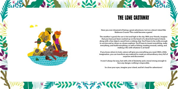 Illustration of two kids as adventurers on an island, one with binoculars, the other with a map, learning survival skills. Story text titled "How to Survive on a Desert Island" by Schiffer Publishing, Ltd. is framed by a colorful leafy border.