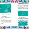 An illustrated infographic in "How to Survive on a Desert Island" by Schiffer Publishing, Ltd. shows how to navigate using stars like Orion or Cassiopeia and clouds for weather, with colorful plant borders and constellation diagrams.