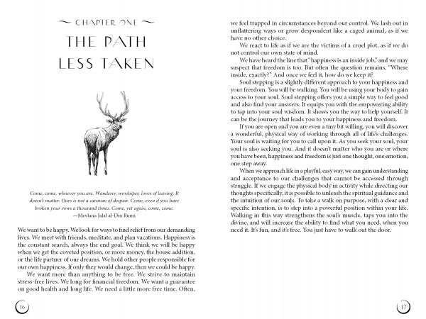 Two pages from "Soul Stepping" by Schiffer Publishing, Ltd.: the left features Chapter One—The Path Less Taken with a deer illustration, quote, and intro to spiritual walking; the right offers reflections on happiness, freedom, and the soul’s journey.