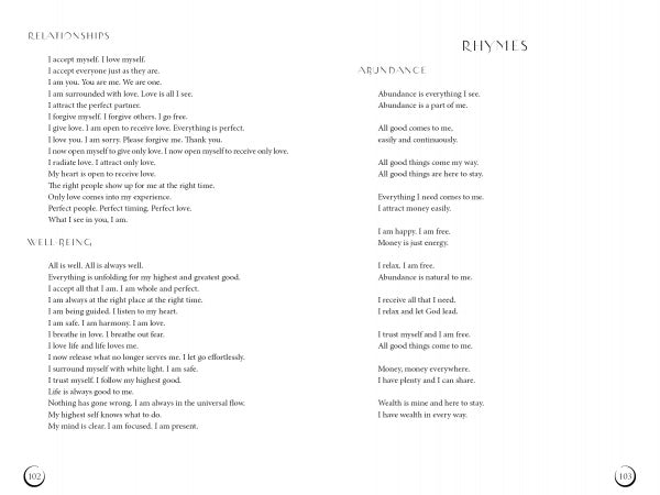 A Soul Stepping page by Schiffer Publishing, Ltd. displays four poems—RELATIONSHIPS, WELL-BEING, ABUNDANCE, and RHYMES—on a white background in a simple serif font, with page numbers 102 and 103 at the corners.
