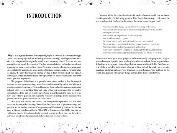 The left page of Astrology for Christians by Schiffer Publishing, Ltd. shows an INTRODUCTION with text; the right page features a bulleted list, a paragraph, and Star of Bethlehem art and stars, exploring astrology and Christianity along the page edges.