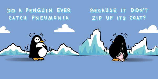 A cartoon penguin shivers before icy peaks as it unzips its feathered coat. Playfully inspired by children’s books, "Do Penguins Have Pediatricians?" by Schiffer Publishing, Ltd. asks if penguins need doctors when they forget their coats.