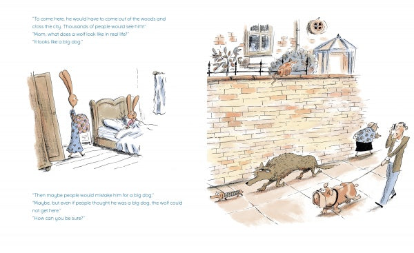 In "The Wolf Will Not Come" by Schiffer Publishing, Ltd., a nervous rabbit child overcomes nighttime fears as two people walk dogs outside, unaware of a wolf in disguise, in this charming children's bedtime story.