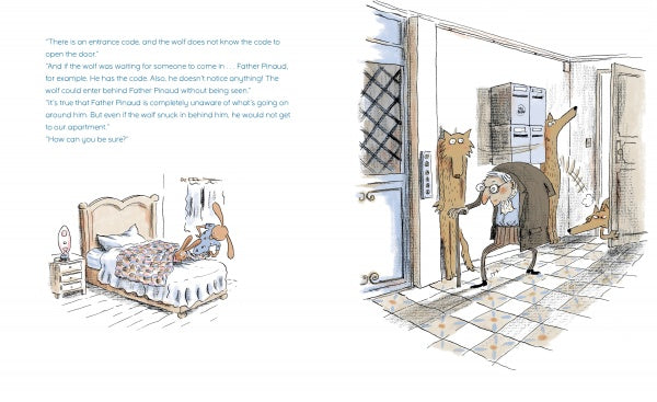 An illustration from “The Wolf Will Not Come” by Schiffer Publishing, Ltd.: on the left, a nervous rabbit lies in bed; on the right, an old wolf sneaks into an apartment as a resident unknowingly holds the door, reflecting nighttime fears.