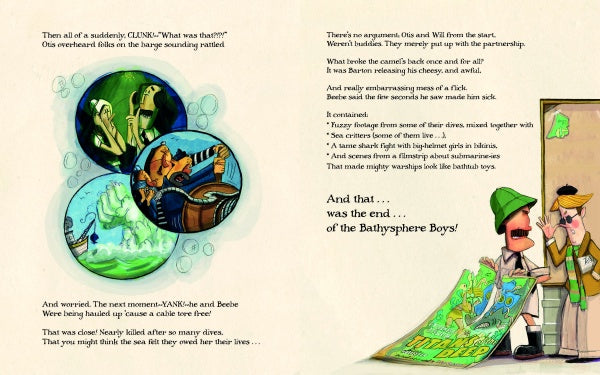 A two-page spread from "The Bathysphere Boys" by Schiffer Publishing, Ltd. shows divers, a submarine, and sea creatures on the left; on the right, two men—one in a trench coat and hat—hold a large map. Text appears on both pages.
