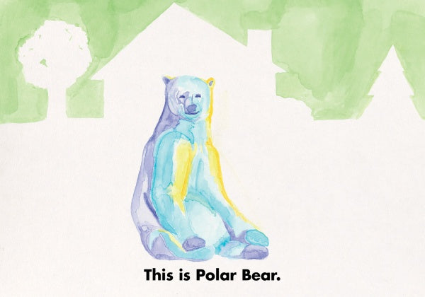 A watercolor illustration of Bipolar Bear in blue, yellow, and purple tones with green trees and houses in the background. Ideal for children's stories or mental health books. Text at bottom: "This is Polar Bear." By Schiffer Publishing, Ltd.