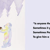 In "Bipolar Bear" by Schiffer Publishing, Ltd., a blue bear gives a yellow flashlight to a smaller tan bear. Against purple trees, the story highlights why having a bright flashlight matters when it gets dark.