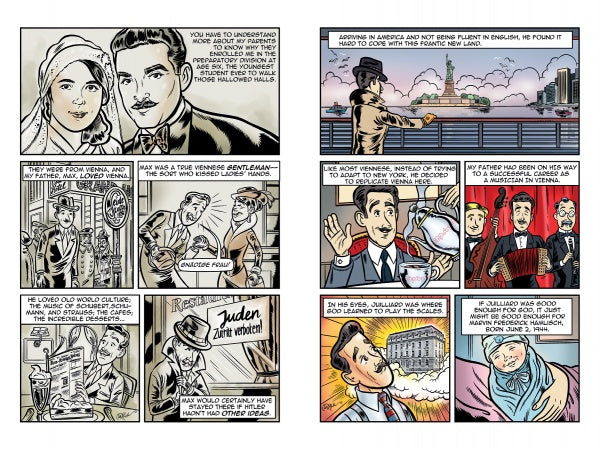 Marvin by Schiffer Publishing, Ltd. is a graphic novel-style comic strip depicting a family's journey through Vienna and America, using portraits, city scenes, and German signs to portray their cultural life, struggles, and resilience across generations.