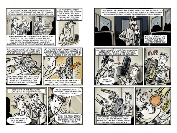 Marvin" by Schiffer Publishing, Ltd. is a black-and-white graphic novel comic showing a man recalling his parents' escape from Austria with a violin case—revealing bagels, not a violin—amid tense scenes with anxious parents and a suspicious conductor.